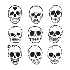 skull cute doodle collection set hand drawn black and white
