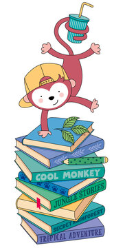 Affe macht Handstand auf Bücherstapel