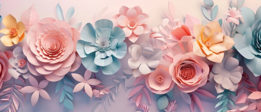 A 3D rendering of paper flowers, a pastel color palette, botanical background, an isolated clipart image, a round bouquet, and a flower arrangement.
