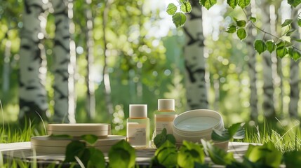 Set of skincare beauty cosmetic products stand on podium birch forest.