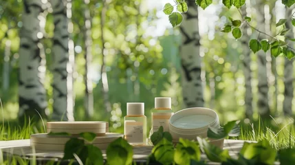 Foto auf Glas Set of skincare beauty cosmetic products stand on podium birch forest. © kardaska