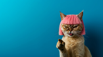 free space on the left corner for title banner with a cat wearing a pink straight wig pointing angrily at the point of view - obrazy, fototapety, plakaty