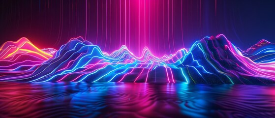 An abstract fluorescent background, glowing shapes, neon lines, laser show, night club interior lights, psychedelic spectrum, virtual reality, and 3D render.