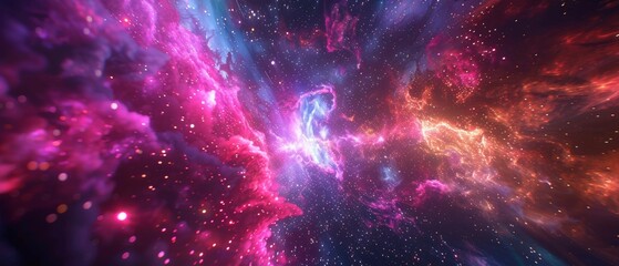 Fireworks, neon glow, stars, galaxy, ultraviolet infrared vibrant light, outer space, 3D render, colorful fireworks, big bang, galaxy, cosmic backdrop, celestial, speed of light, universe. - obrazy, fototapety, plakaty
