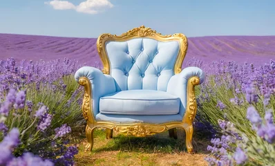 Muurstickers Mock up pastel blue classic vintage armchair stands in a field of purple lavande flowers. © Julija AI