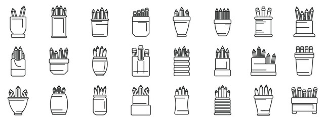 Pencil stand icons set outline vector. School art holder. Creative work cup - obrazy, fototapety, plakaty
