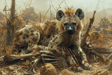 Tuinposter Produce an image of an abstract, savage hyena lounging on a throne of bones in a post-apocalyptic wasteland, its laughter echoing through the desolate landscape © Izhar