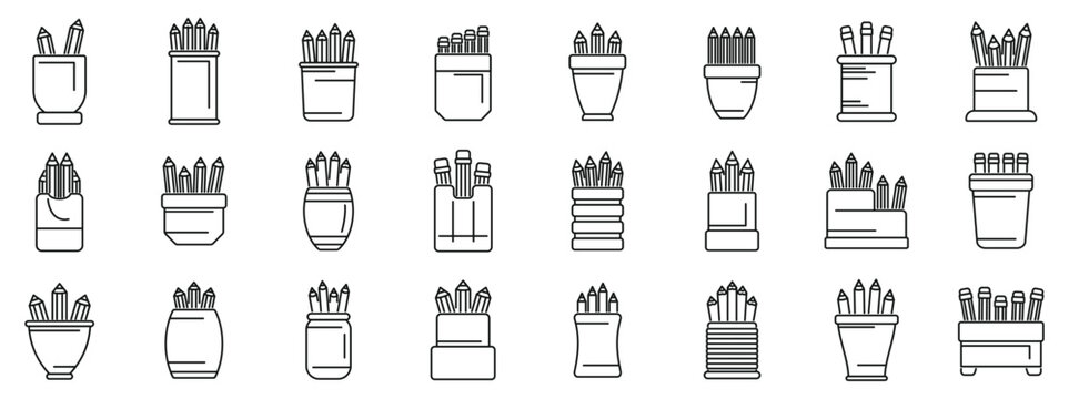 Pencil stand icons set outline vector. School art holder. Creative work cup