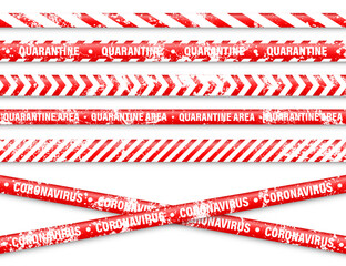 Old grunge quarantine zone warning tape. Novel coronavirus outbreak. Global lockdown. Red coronavirus danger stripe. Police caution line, restricted area. Construction tape. Vector illustration