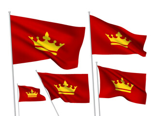 Red vector flags with crown symbol. A set of wavy 3D flags with flagpoles isolated on white background, created using gradient meshes