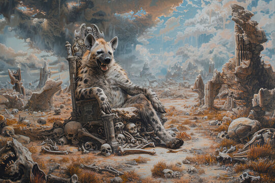 Produce an image of an abstract, savage hyena lounging on a throne of bones in a post-apocalyptic wasteland, its laughter echoing through the desolate landscape