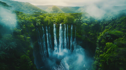 An aerial view of a majestic waterfall cascading down a lush tropical ravine - obrazy, fototapety, plakaty