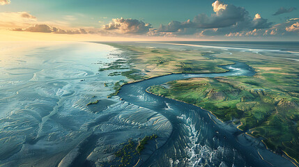 An aerial view of a meandering river delta flowing into the ocean