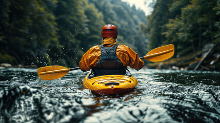 Rear view of a kayaker paddling through forest river rapids - obrazy, fototapety, plakaty