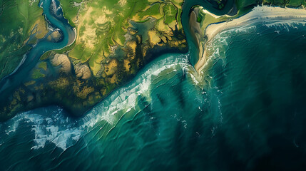 An aerial view of a meandering river delta flowing into the ocean