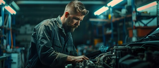 Mechanic inspects engine to guarantee top-quality repairs in welcoming atmosphere. Concept Automotive Repair, Quality Inspection, Engine Maintenance, Customer Satisfaction, Welcoming Environment