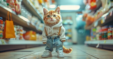a cute orange tabby cat wearing a white sweater and a strap jeans and white sneakers