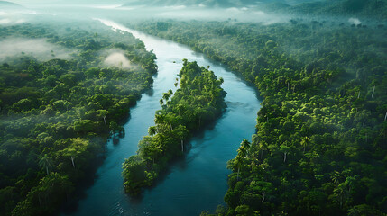 An aerial view of a meandering river snaking through dense forests
