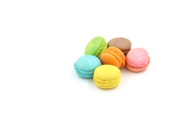 Sweet colorful macarons isolated on white background. Tasty colourful macaroons.