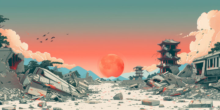 Digital painting depicting a destroyed city after an earthquake in Taiwan banner copy space