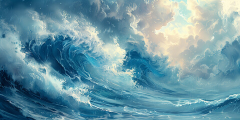 A painting depicting a large, powerful wave crashing in the ocean banner tsunami copy space - obrazy, fototapety, plakaty
