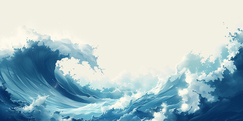 A painting depicting a large wave crashing in the ocean banner tsunami copy space - obrazy, fototapety, plakaty