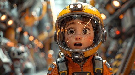 Close-up, 3D cartoon character in futuristic metro, cute and colorful, detailed and glossy environment