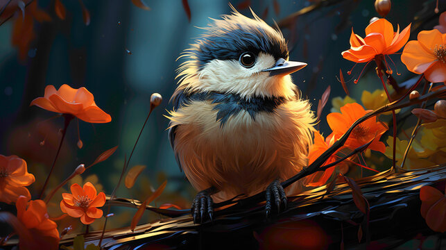 A baby chickadee exploring the world outside its nest, with soft feathers and a curious gaze.