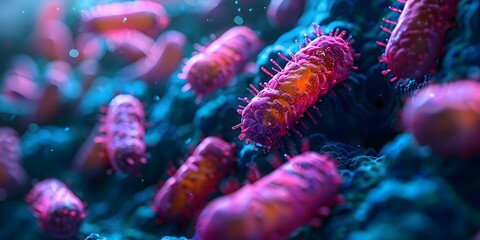 Microscopic view of probiotics bacteria in a scientific setting showcasing their role in digestion and health. Concept Microscopic imaging, Probiotics research, Digestive health - obrazy, fototapety, plakaty