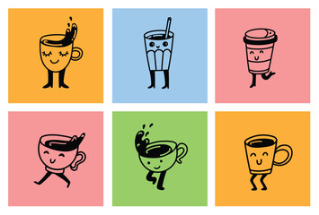 Set of retro doodle funny characters posters. Vintage drink vector illustration. Latte, cappuccino, coffee cup mascot. Nostalgia 60, 70s, 80s. Print for cafe - 775052855