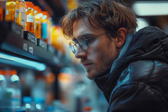 A man wearing glasses scrutinizing a shelf filled with bottles biohacking wallpaper