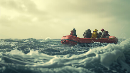 Perilous sea crossing of refugees fleeing in inflatable boat during stormy sky and rough seas in search for safety and refuge. Facing international issues and global crisis