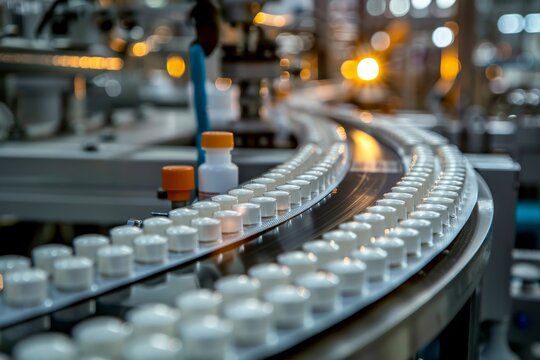Tablet packaging line  high res image of tablets in blisters and bottles, soft lighting