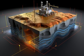 Search for places for oil production. A cross section of the earth. Oil production. Layers of soil. 3d illustration