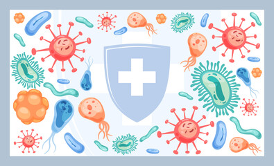 Bacteria and microorganisms of various shapes and colors in a cartoon style. Viruses that cause...
