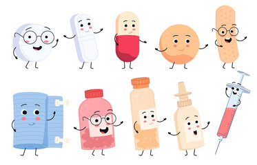 Medical pill characters in cartoon style with faces. Children illustrations of curing diseases. Cute happy pill characters fight bacteria and viruses. Vector illustration