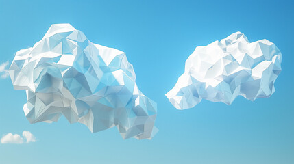 Two stylized 3d clouds with a polygonal design floating against a clear blue sky - might be a symbol for cloud computing - obrazy, fototapety, plakaty