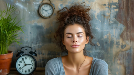free space on the left corner for title banner with a photo of an entrepreneur beautiful woman she is tired, distracted, bored, procrastinating and their is a desk clock next to her - obrazy, fototapety, plakaty