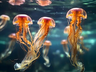 jellyfish in the aquarium life under water of oceans  - obrazy, fototapety, plakaty