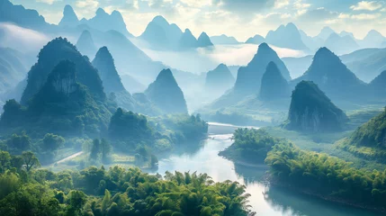 Papier Peint photo Bleu Jeans Landscape of Guilin, Li River and Karst mountains. Located near Yangshuo County, Guilin City, Guangxi Province, China.