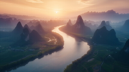 Landscape of Guilin, Li River and Karst mountains. Located near Yangshuo County, Guilin City, Guangxi Province, China. - obrazy, fototapety, plakaty
