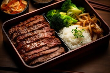 Exquisite medium rare ribeye steak in a bento box against a rice paper background