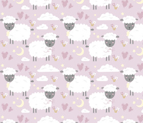 Pink Girly Seamless Pattern for Children with Sheep, Clouds, Hearts in Cute Style