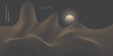 Vector abstract art Mount Fuji Japan landmark, landscape mountain with birds and sunrise sunset by gold line art texture isolated on dark grey black color background. Minimal luxury style - obrazy, fototapety, plakaty