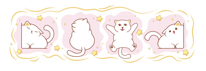 The set of kawaii cartoon cats and stars. Sweet pink stickers with kittens for girls. Children's illustration. 