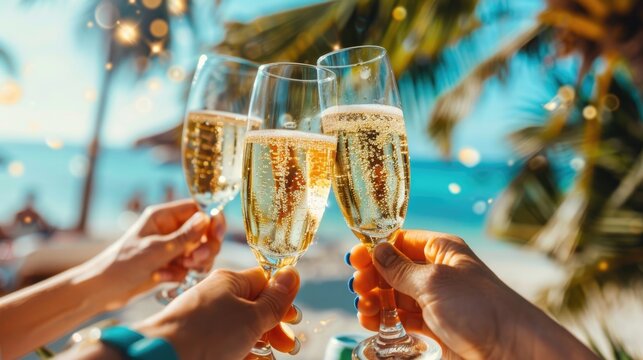 Cheers glasses of toasting drinks together at beach party between friends and colleague for their success.