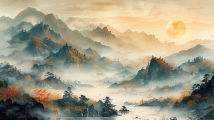 A heart-warming golden mountain landscape with soft soft lines with an ethereal touch against a pale white sky with a touch of gold and silver in the background,