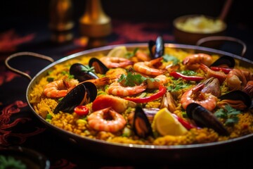 Delicious paella on a porcelain platter against a rice paper background