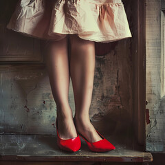 Nostalgic photo of a women in a modest skirt with red high heels 