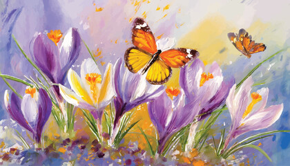 Oil Painting: Graceful Crocuses and Butterflies in Delicate Detail 